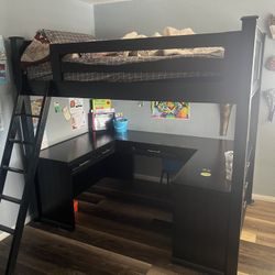Full Loft Bed with Built-In L-Shaped Desk – Black
