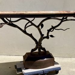 Forged Iron Tree Sculpture Breccia Pernice Italian Marble Console Table