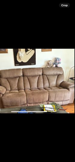 Suede couch recliner and two suede recliner chairs