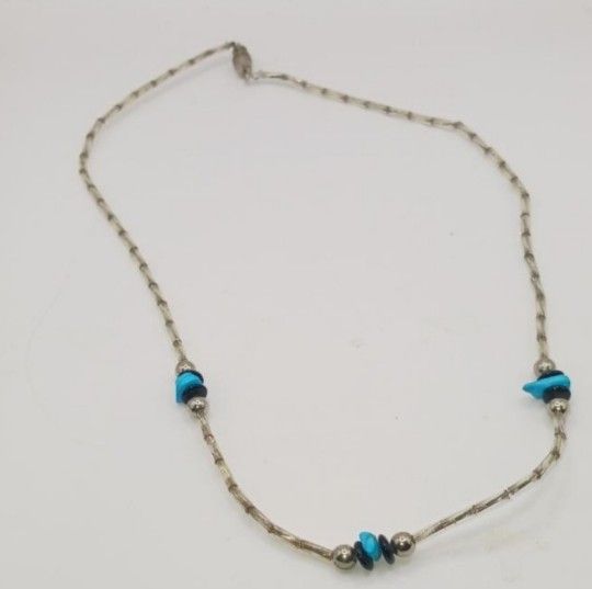 Turquoise chip beads Liquid Silver Necklace