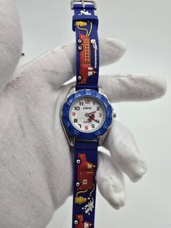 JNEW Kids Fire Truck Firefighter Watch Blue Rubber Strap Quartz 3ATM 86120