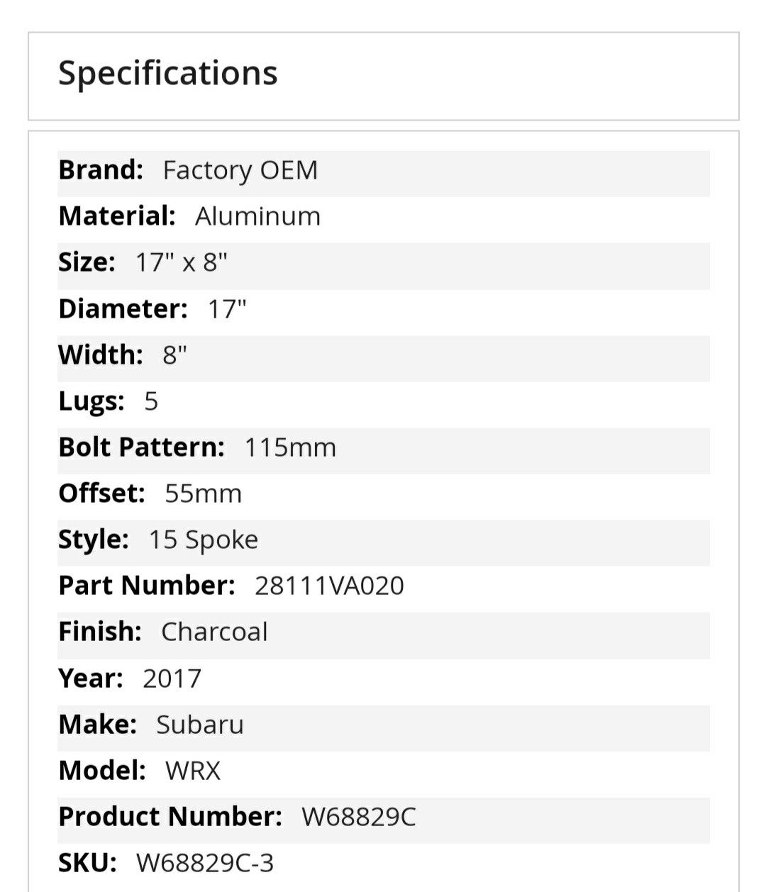2017 Subaru WRX OEM Rims