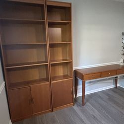 Two Wood Bookshelves And Magazine Rack 