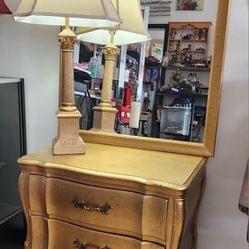 Vintage Gold Nightstand/Dresser (Permacraft), Mirror, and Pillar Lamp Used in Entryway 
