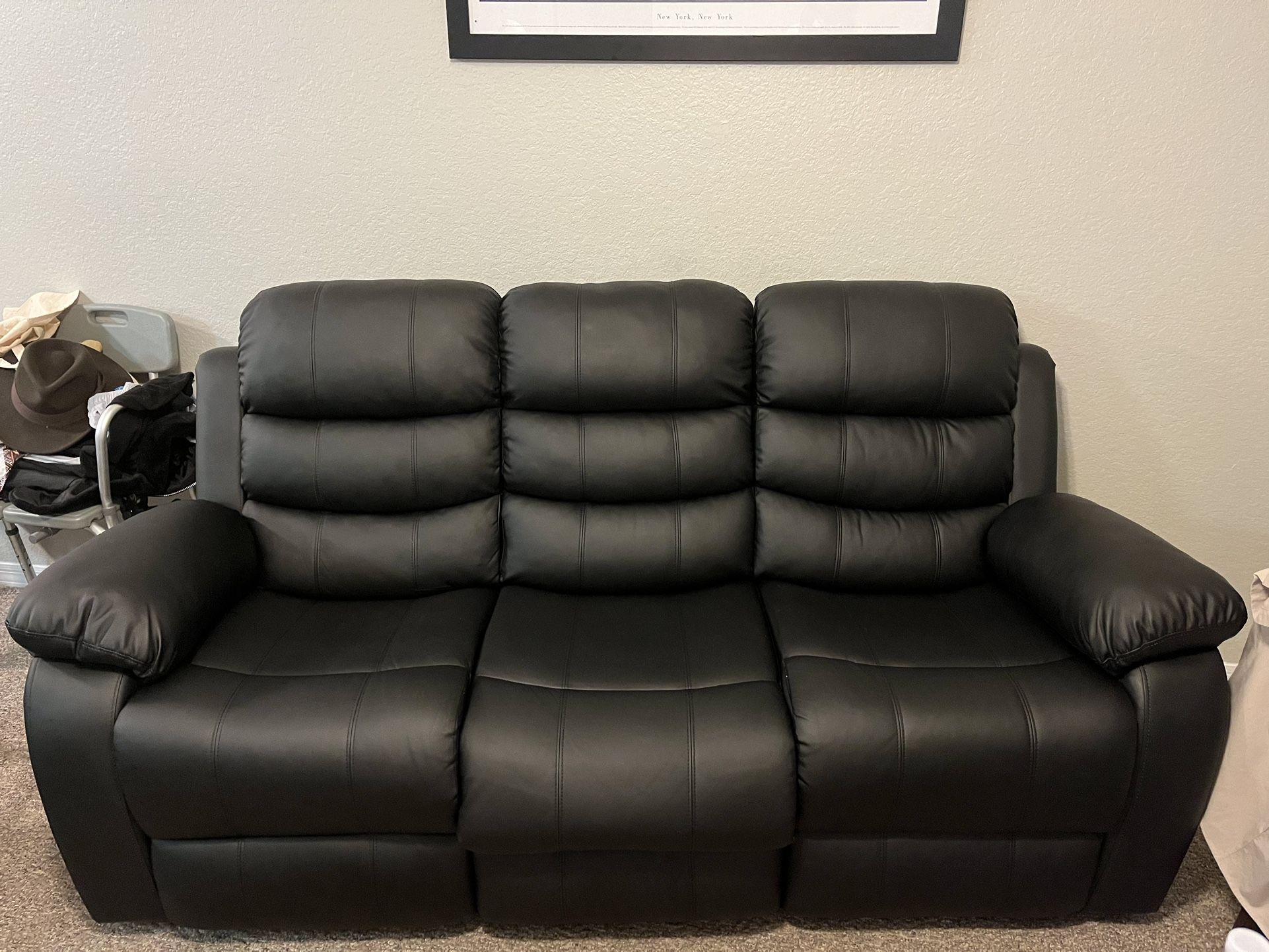 Like-New Black Leather Look Couch/Sofa with Reclining Seats!