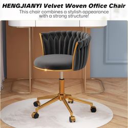 ✨Brand New✨Velvet Woven Home Office Chair — Modern Swivel Desk Chair, Height Adjustable Black Vanity Chair with Wheels & Gold Metal Base Hand Woven Ve