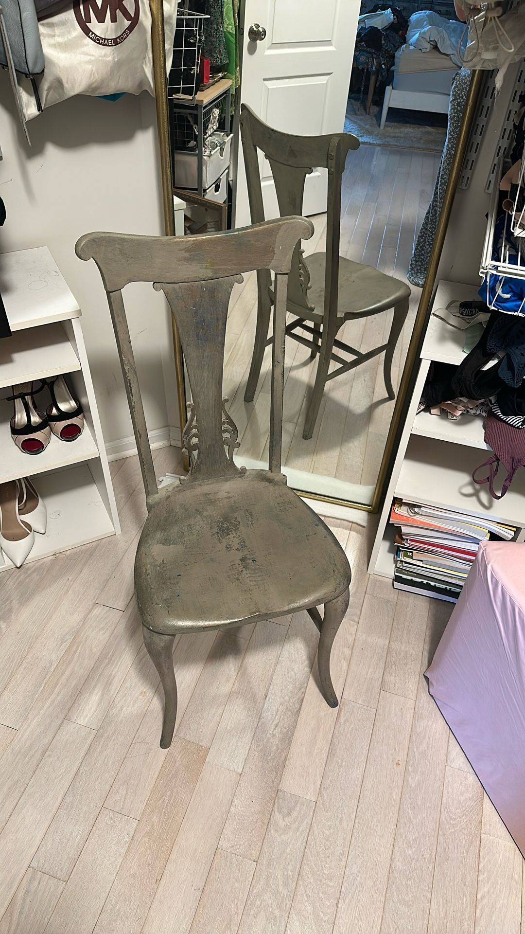 Antique Hardwood Chair - Painted Gray/Gold