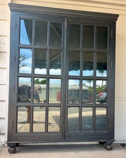 Large Black Wood Armoire with Mirror Panels
