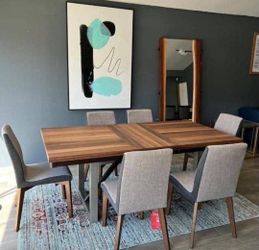 Wood Dining Table with 6 Upholstered Chairs