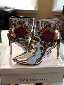 Cape Robbin Silver Metallic Rose Embroidered Ankle boot heels