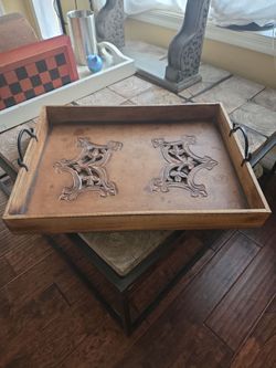 Decorative Wood Serving Tray with Metal Handles