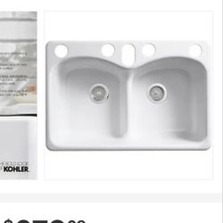 KOHLER Langlade Smart Divide Undermount Cast Iron 33 in. 6-Hole Double Bowl Kitchen Sink in White