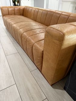 CB2 Cognac Brown Leather Sofa – Modern Channel Tufted Couch