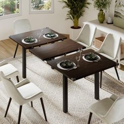63" Extendable Kitchen Table, Modern Farmhouse Dining Table for 4-8, Wooden Dining Room Table for Small Space, Dining Room, Home Office, Living Room F