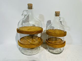 Vintage 1 Gallon & 1/2 Gallon Glass Jug Bottle Set Wood Holders Cork Stoppers