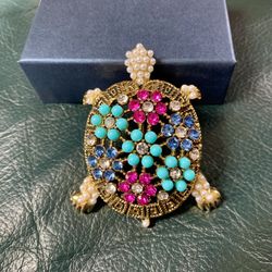 Beautiful vintage style large turtle brooch multicolor daisy Turquoise bead