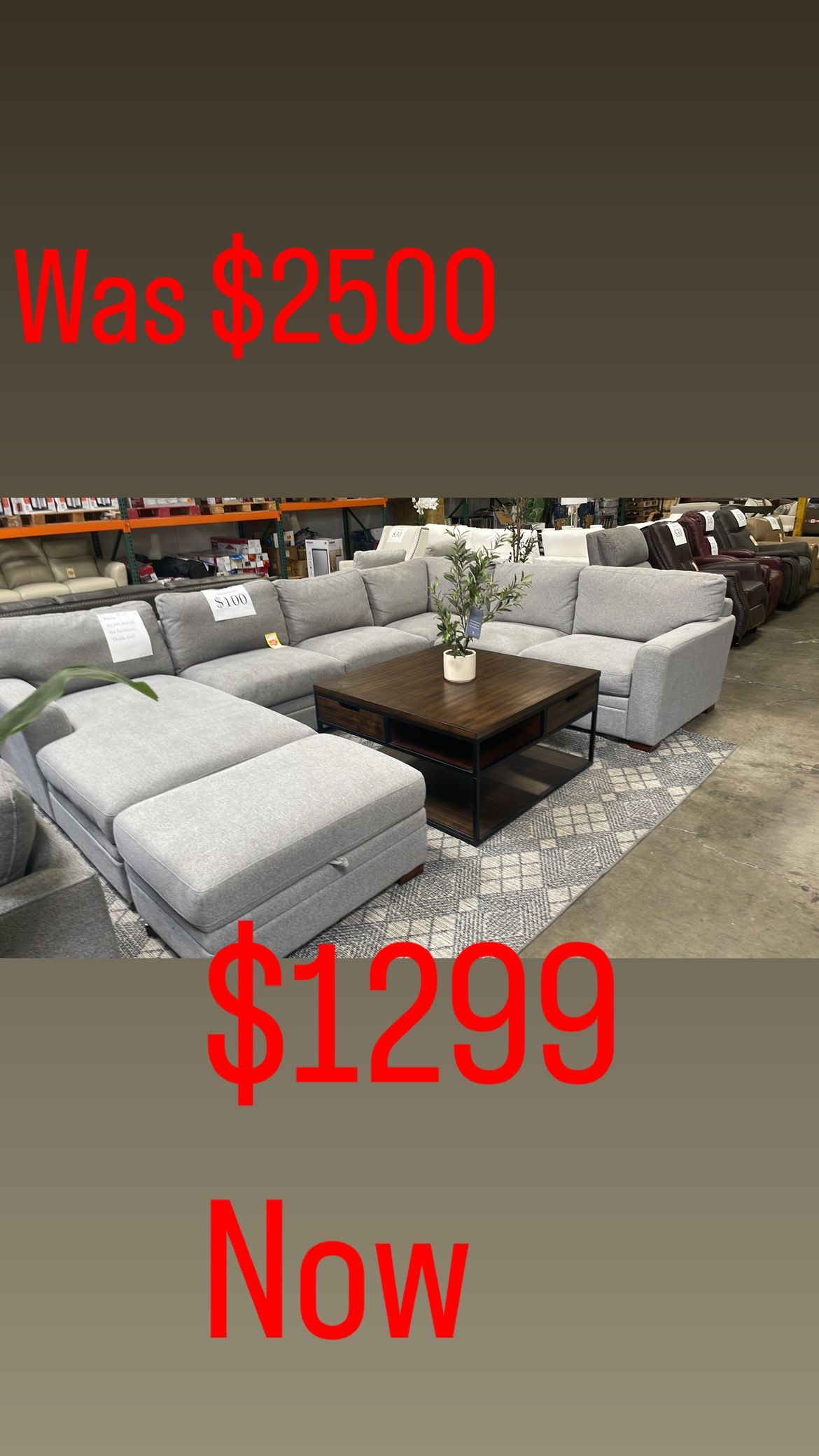 Thomasville Langdon Sectional Sofa With Chase And Storage Ottoman In Gray Fabric