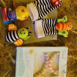 New Binky Holder / Teether & 4pc. Sock & Wrist Rattles / SELLING TOGETHER ONLY  