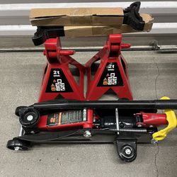Low Profile Hydraulic Trolley Service/Floor Jack Combo with 2 Ratchet Jack Stands, 2 Ton (4000 lbs) Capacity