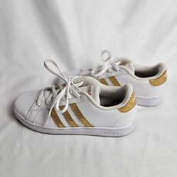 Adidas Youth 6 Or Women's 8 White Gold Grand Court  Metallic Low Lace Up Sneakers