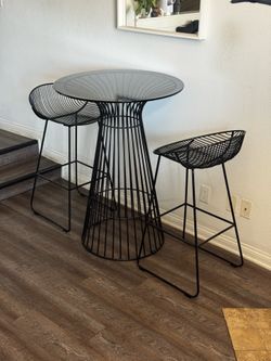 Scandinavian Designs Bar Height Pub Table + 2 Counter Stools — Black Wire / Glass Top