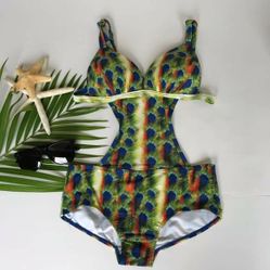 peacocks print monokini hollow out Bathingsuit Size M