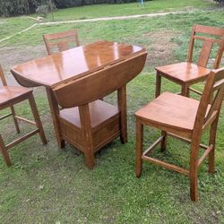 Vintage Solid Wood Drop Leaf Dining Table Set Four Chairs Rustic Home Furniture
