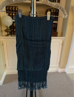 Woven Teal and Blue Fringed Scarf