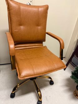 Office Chair - Brown Leather & Gold w/ Wheels