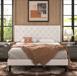 Full Size Platform Bed Frame, Adjustable Faux Leather Headboard with Diamond Stitch and Button Tufted, Sturdy Wood Slats, Easy-Assembly, No Box Spring