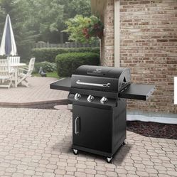 Premier 3-Burner Natural Gas Grill in Black with Folding Side Tables