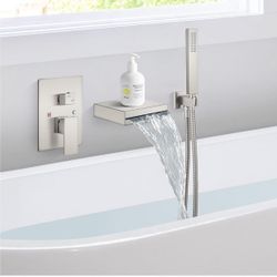 Wall Mount Waterfall Tub Spout Faucet Single Handle Tub Filler   Nickel C70