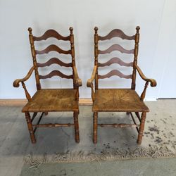 1970S VINTAGE LADDER BACK RUSH SEATING ARM CHAIRS - A PAIR