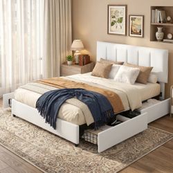 Queen Upholstered Platform Bed Frame w/ 4 Storage Drawers – Cream, Good Condition