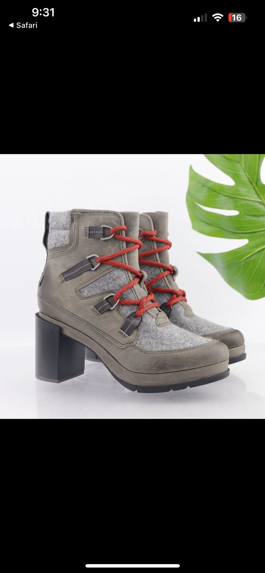 Sorel Women's Blake Boot Size 8.5 Waterproof Block Heel Lace Up Bootie Grey Red