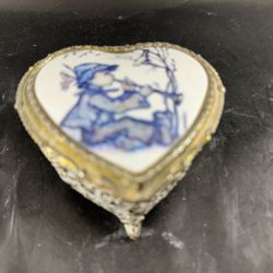 Vintage Footed Jewelry Box Heart Shape Trinket Box Hummel Boy W/Flute & Bird 