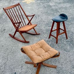 MCM Sculptural Teak Rocking Chair & Leather Ottoman Set