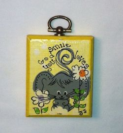 Vintage hand painted miniature wood plaque Smile God Loves You yellow w/ mouse