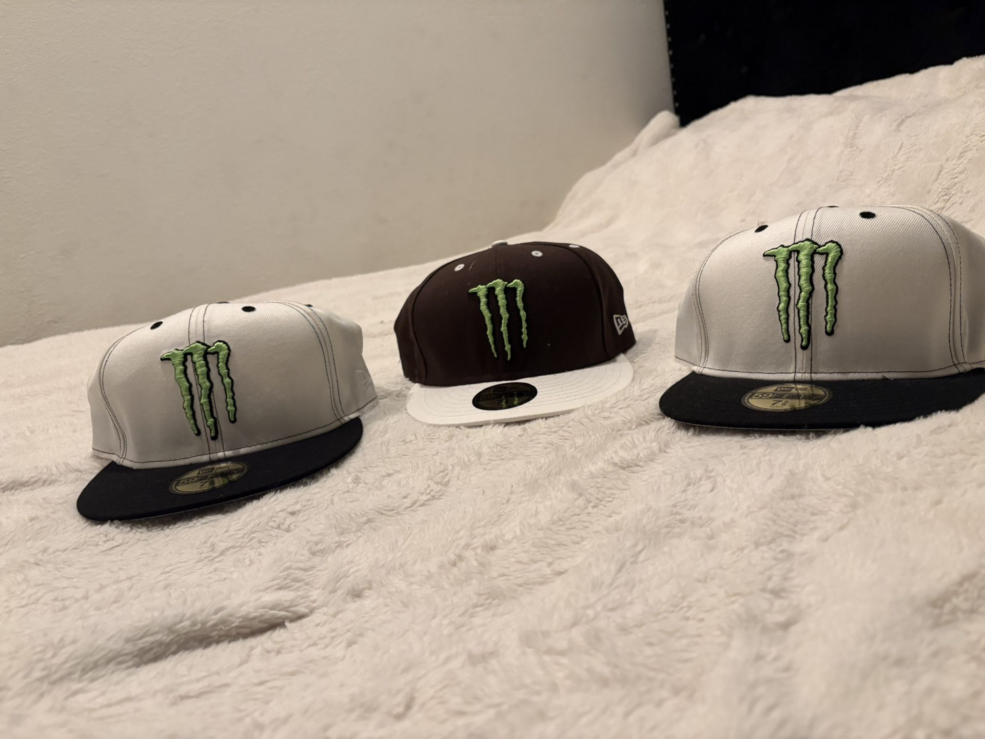 Monster Energy New Era 59FIFTY Fitted Hats – Set of 3 Sizes: 7⅝ (7 5/8) — all hats are fitted.