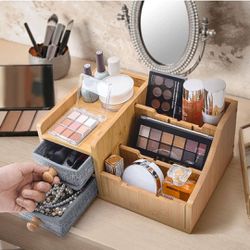 (New in Box) ikkle Bamboo Desk Makeup Organizer Cosmetic Organizer Storage Box with Drawer for Bathroom/Dresser, 9 Detachable Slots for Brushes, Lipst