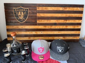 Las Vegas Raiders Fan Bundle – Handmade Wood Flag, New Era Hats & Shot Glass Set