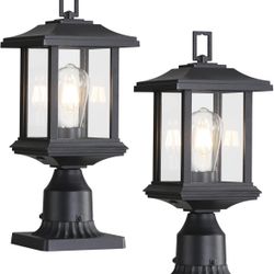 New In the box Retail $80 Outdoor Post Light, 2 Pack Exterior Waterproof Pole Lanterns with Pier Mount, Black Post Lighting Fixture with Clear Glass S