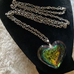 36”stainless Steel Necklace With Large Glass Heart Pendant 