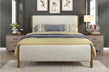 Frame Queen Platform bed, Beige Chenille fabric, Caramel oak wood finish, New Especial price