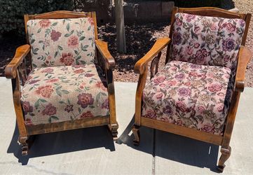 Vintage Floral Wooden Armchair + Matching Rocking Chair - Traditional Set
