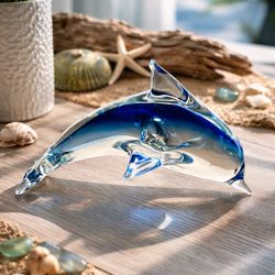 Vintage 1970s Handblown Art Glass Dolphin Blue Sommerso Murano Style, 5x3.5”