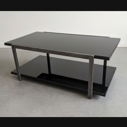 Modern Black Glass Coffee Table w/ Metal Frame & Storage Shelf