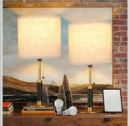 18.9" Set 2 Mid Century Bedside Table Lamp for Nightstand with Pull Chain, Lamp for Bedroom, Living Room, Solid Wood/Metal/Fabric Small Lamps