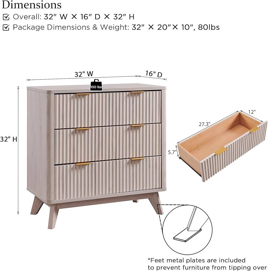 Fluted 3 Drawers Nightstand, Oversized Extra Large Modern Side Table, End Table Bedside for Bedroom, Living Room, Curved Profile Design, White Alder
