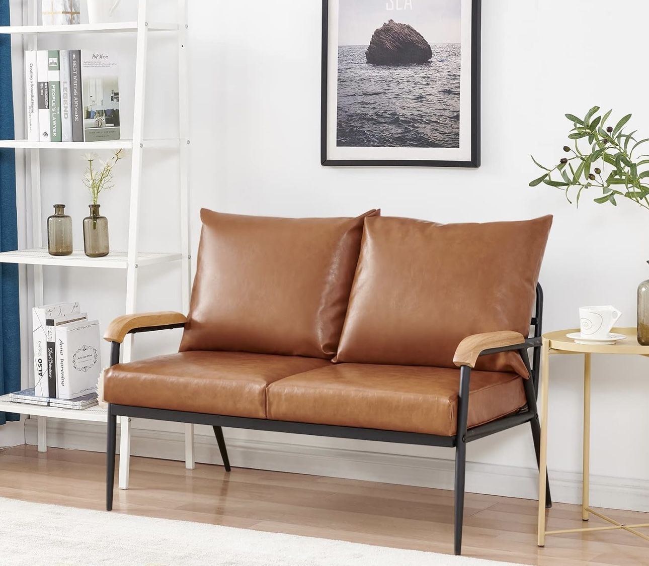 Loveseat, 2 Person Mid Century Modern Accent Chair, Faux Leather Small Sofa with Removable Backrest